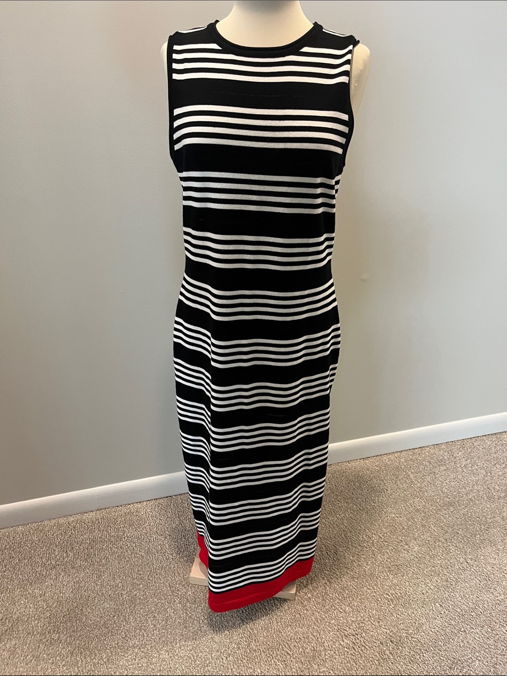 Amazon Sleeveless Black & White Striped Maxi Dress with Red Hem